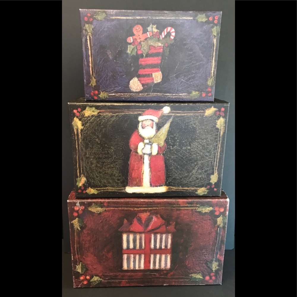 Bob’s Boxes “Primative Colors Christmas ” Susan Winget Artwork Set of 3 Nesting.